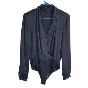 ALLSAINTS Deep V Professional Neck Black Puff Sleeve Bodysuit Blouse - Medium